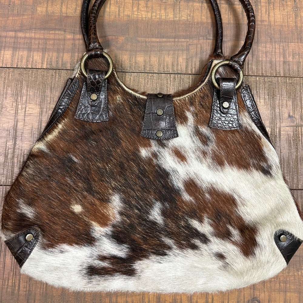 Vintage Maurizio Taiuti Handbag Tote, Gorgeous Authentic Brown and White Cowhide